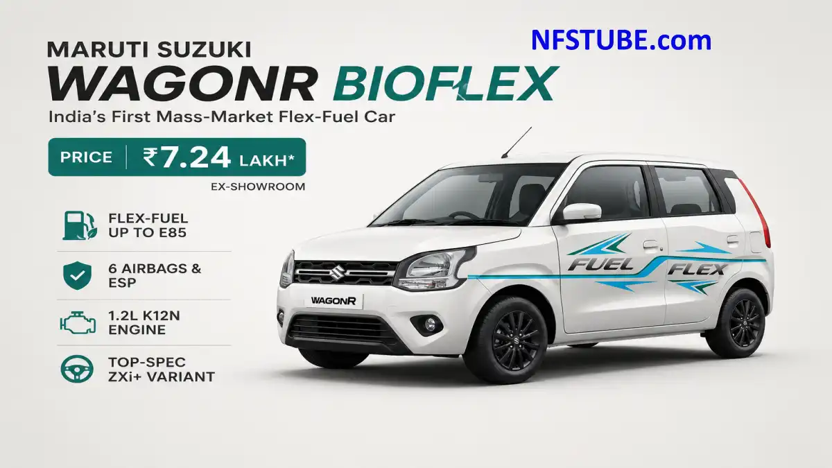 Front & Side view of the Maruti Suzuki WagonR BioFlex flex-fuel hatchback displayed during its launch in India.