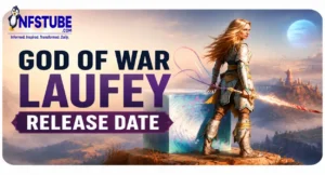 Fantasy artwork of Faye from God of War Laufey overlooking a mystical landscape with the headline "God of War Laufey Release Date".