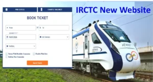 Redesigned IRCTC New Website alongside a Vande Bharat train highlighting the new online ticket booking platform.