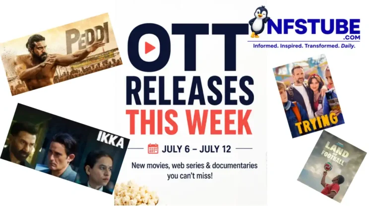 Banner highlighting this week's OTT releases including Peddi, Ikka, Trying Season 5 and Land of Football.