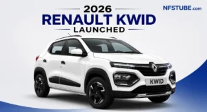 2026 Renault Kwid facelift in white showcasing the updated front design, new Renault logo and refreshed styling launched in India.