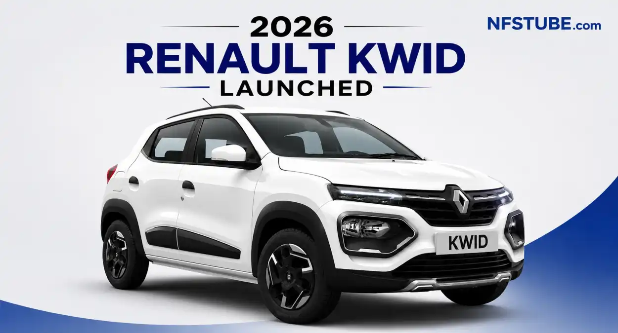 2026 Renault Kwid facelift in white showcasing the updated front design, new Renault logo and refreshed styling launched in India.