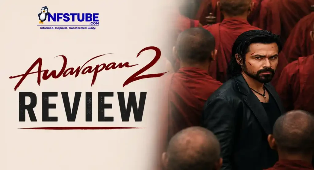 Awarapan 2 review banner featuring Emraan Hashmi as Shivam Pandit against a red-robed crowd