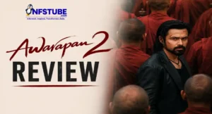 Awarapan 2 review banner featuring Emraan Hashmi as Shivam Pandit against a red-robed crowd