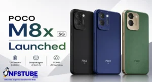 Poco M8x 5G launched smartphone shown in black, silver and light blue finishes with a triple-camera design
