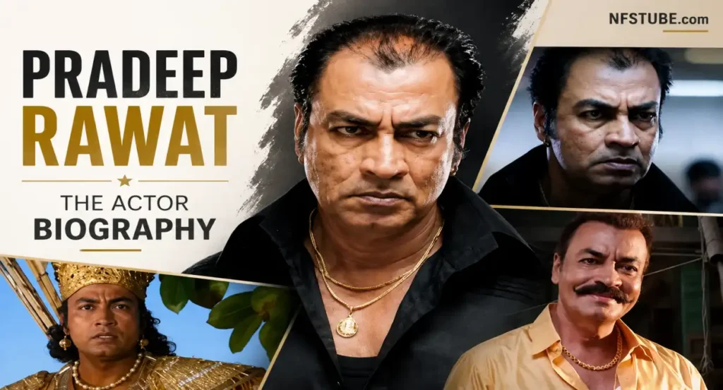 Collage of Indian actor Pradeep Rawat featuring his roles in Mahabharat and Ghajini alongside portrait images from different stages of his acting career.