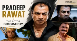 Collage of Indian actor Pradeep Rawat featuring his roles in Mahabharat and Ghajini alongside portrait images from different stages of his acting career.
