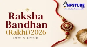 Alt text: Raksha Bandhan (Rakhi) 2026 banner featuring a traditional red and gold Rakhi with puja rice and the title “Date & Details”