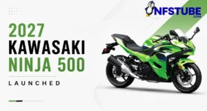 2027 Kawasaki Ninja 500 motorcycle in Lime Green with white and blue racing graphics.
