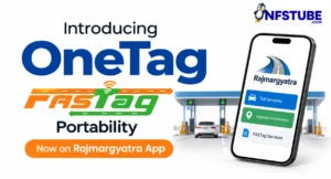 FASTag OneTag portability shown on the Rajmargyatra app with a toll plaza