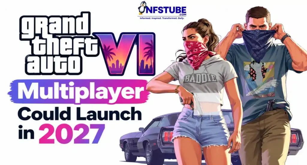 GTA 6 characters featured in a banner about the potential 2027 multiplayer launch