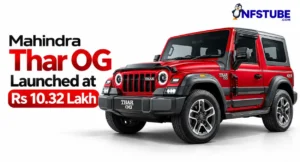 Mahindra Thar OG in red shown in a launch banner with its starting price of Rs 10.32 lakh.