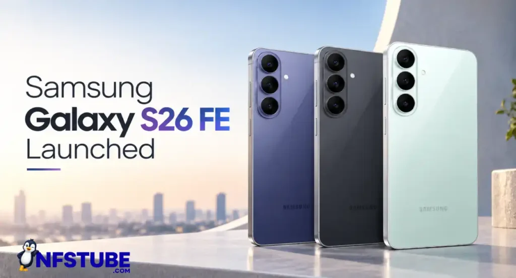 Samsung Galaxy S26 FE smartphones in blue, graphite and mint finishes