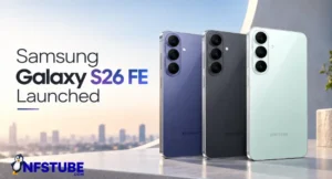 Samsung Galaxy S26 FE smartphones in blue, graphite and mint finishes