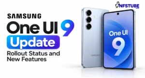 Samsung Galaxy phone displaying the One UI 9 interface alongside a second Galaxy phone, representing the One UI 9 update.