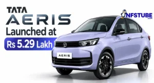 Tata Aeris sedan in a light lavender finish shown with its Rs 5.29 lakh launch price.