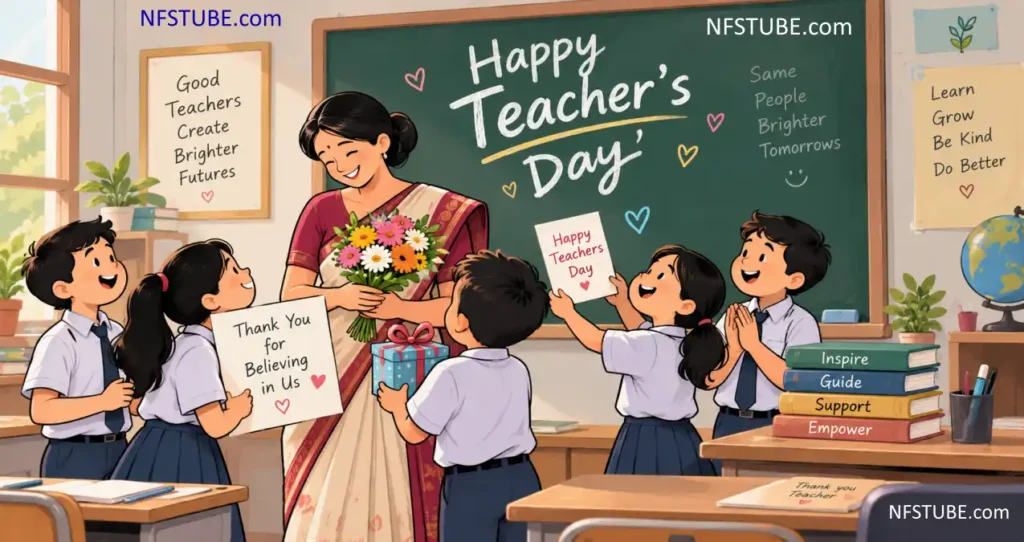 Teachers Day classroom celebration with students presenting flowers and cards to their teacher
