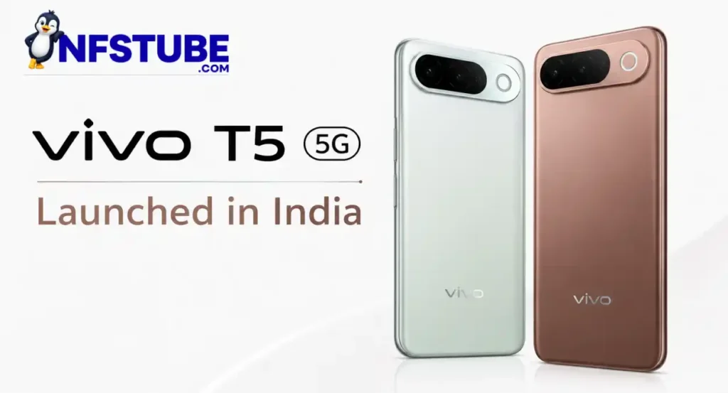 Vivo T5 5G smartphones in green and bronze shown in a launch banner