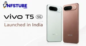 Vivo T5 5G smartphones in green and bronze shown in a launch banner