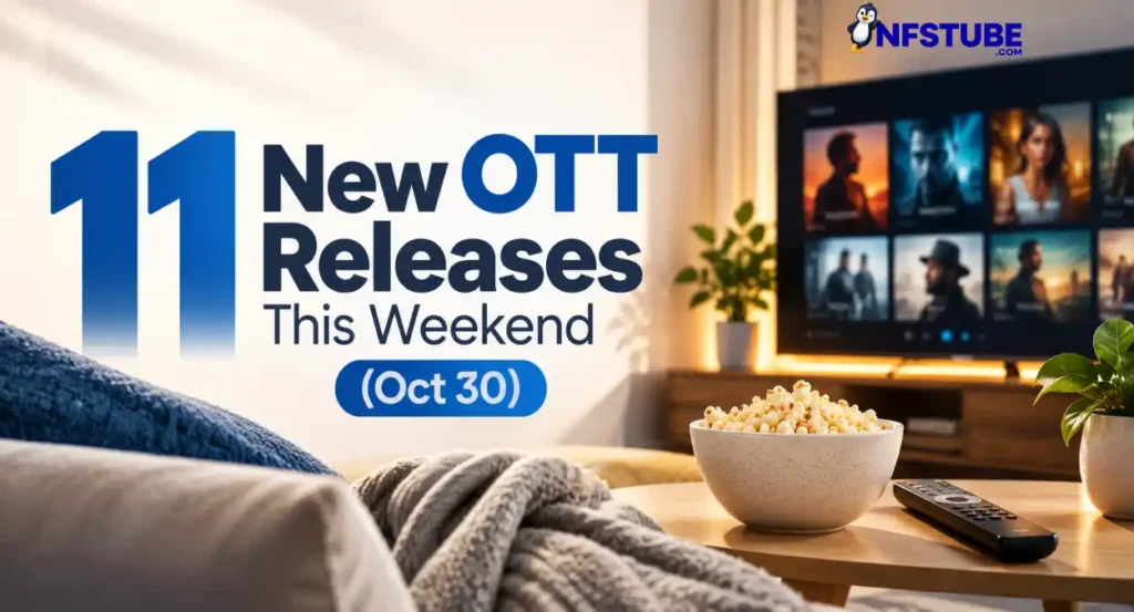Banner announcing 11 new OTT releases for the weekend of October 30, featuring a home entertainment setup with a television, popcorn and remote control.