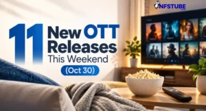 Banner announcing 11 new OTT releases for the weekend of October 30, featuring a home entertainment setup with a television, popcorn and remote control.