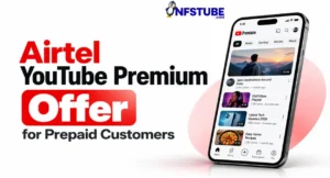Airtel YouTube Premium offer for prepaid customers, featuring a smartphone displaying a sample YouTube video feed.