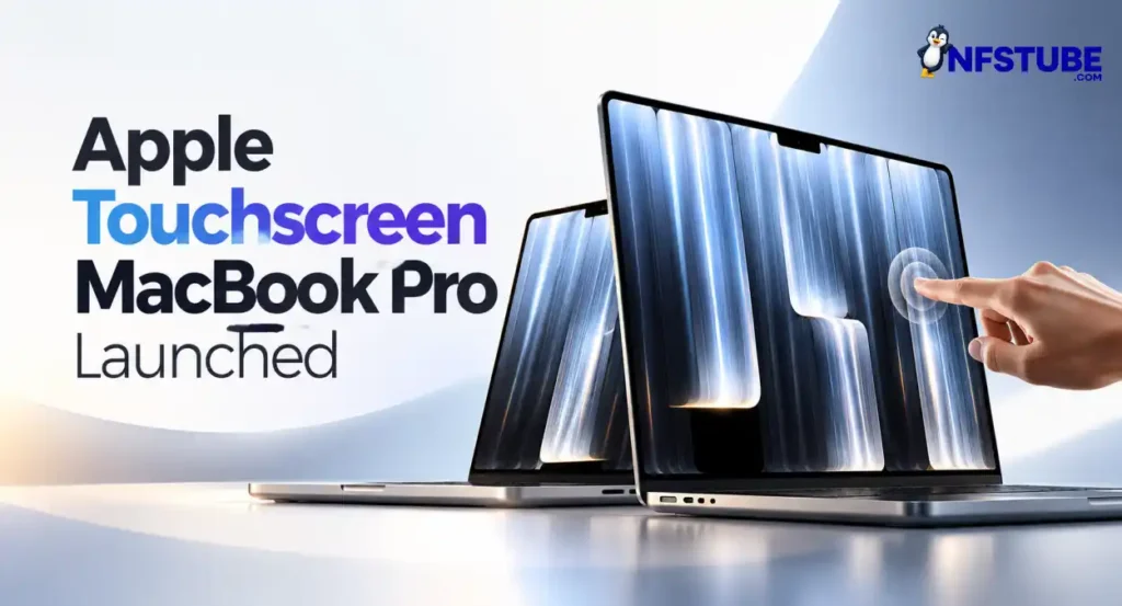 Apple MacBook Pro touchscreen concept showing two laptops, with a hand tapping the front display.