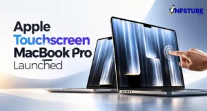 Apple MacBook Pro touchscreen concept showing two laptops, with a hand tapping the front display.