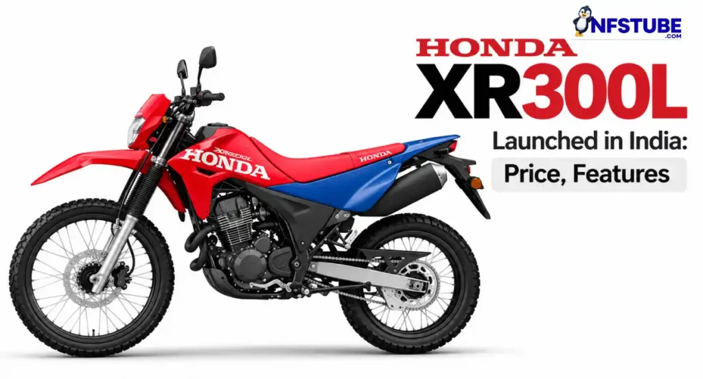 Honda XR300L dual-sport motorcycle shown in a launch banner for India