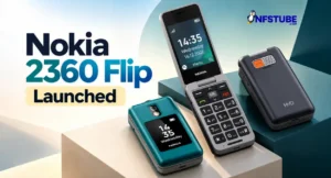 Nokia 2360 Flip phone banner showing the open keypad model and two closed phones with external displays and an SOS button.