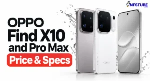 OPPO Find X10 and Find X10 Pro Max smartphones shown from the front and back, highlighting their camera modules and silver-white finishes.