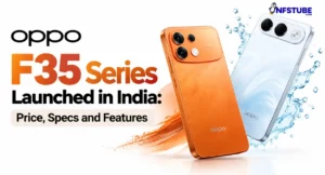 Oppo F35 Series smartphones in orange and white finishes shown in a launch banner