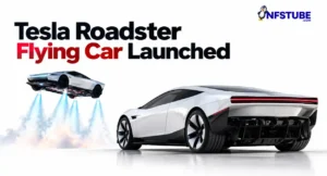 Tesla Roadster shown in two views, including a version hovering with thrusters in a flying car demonstration.