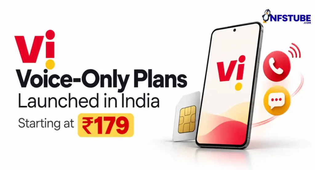 Vi voice-only prepaid plans launched in India, featuring a Vi-branded smartphone, SIM card and calling icons, with prices starting at ₹179.
