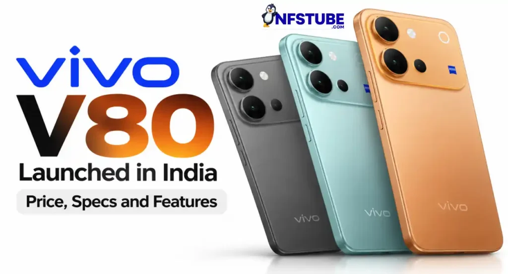 Vivo V80 smartphones in black, mint and gold finishes shown in a launch banner