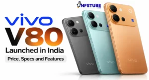 Vivo V80 smartphones in black, mint and gold finishes shown in a launch banner